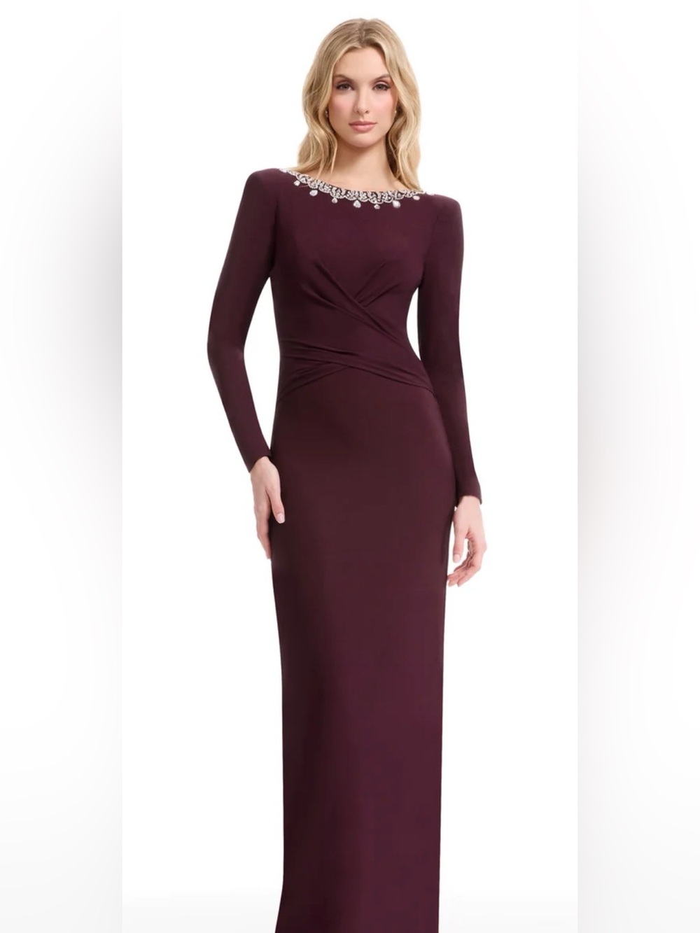 Elegant Long-Sleeve Embellished Burgundy Evening Gown